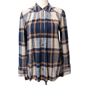 Free People Womens Sz M Blue Brown Peppy In Plaid Ruffle Hem Oversized Tunic Top
